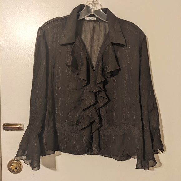 Ladies Blouse Sheer Sparkle Ruffle Buttons Long Sleeve - Picture 4 of 6